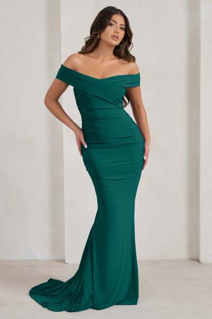 Apolline Bottle Green Off The Shoulder Ruched Fishtail Maxi Dress-Fashionmomo.All Rights Reserved
