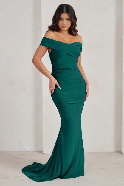 Apolline Bottle Green Off The Shoulder Ruched Fishtail Maxi Dress-Fashionmomo.All Rights Reserved