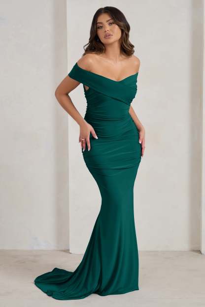 Apolline Bottle Green Off The Shoulder Ruched Fishtail Maxi Dress-Fashionmomo.All Rights Reserved