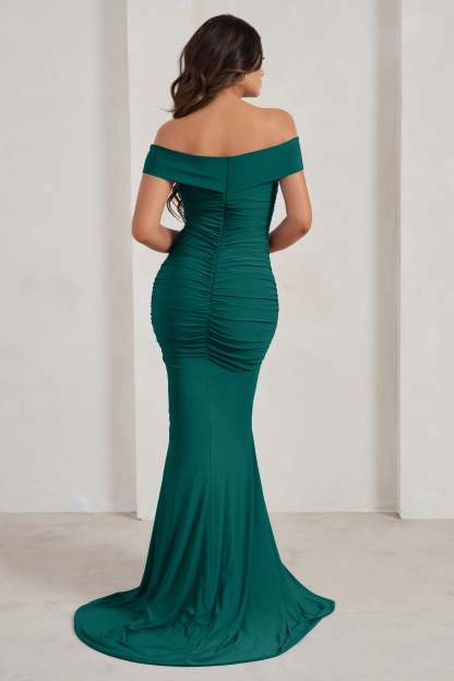 Apolline Bottle Green Off The Shoulder Ruched Fishtail Maxi Dress-Fashionmomo.All Rights Reserved
