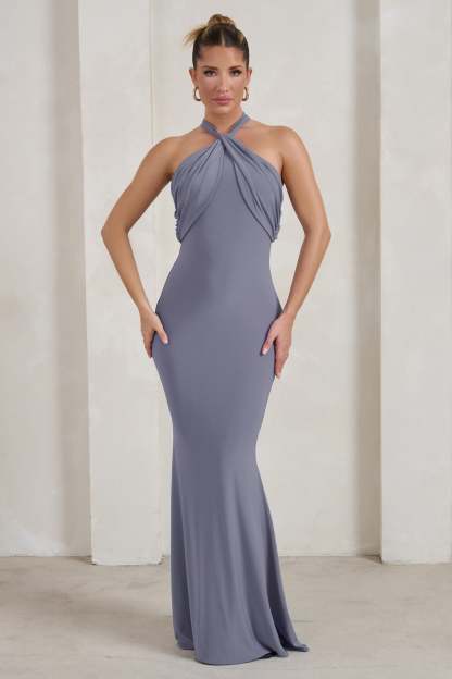 Genevieve Grey Twist High Neck Drape Detail Maxi Dress-Fashionmomo.All Rights Reserved