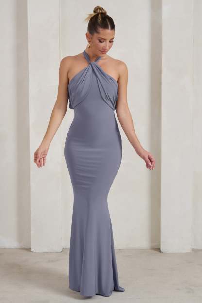 Genevieve Grey Twist High Neck Drape Detail Maxi Dress-Fashionmomo.All Rights Reserved