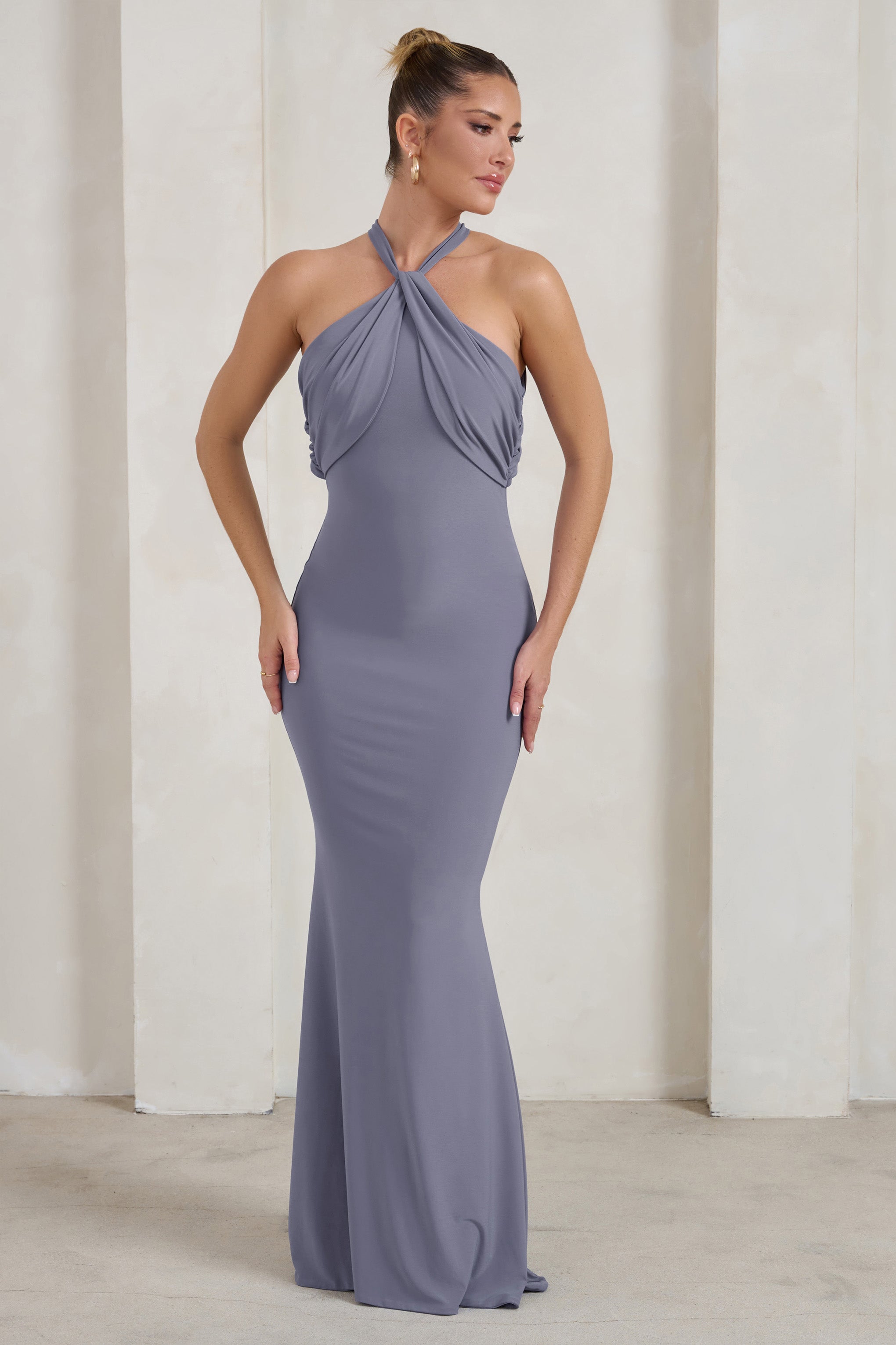 Genevieve Grey Twist High Neck Drape Detail Maxi Dress-Fashionmomo.All Rights Reserved