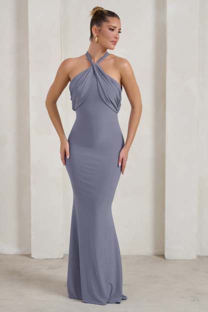 Genevieve Grey Twist High Neck Drape Detail Maxi Dress-Fashionmomo.All Rights Reserved