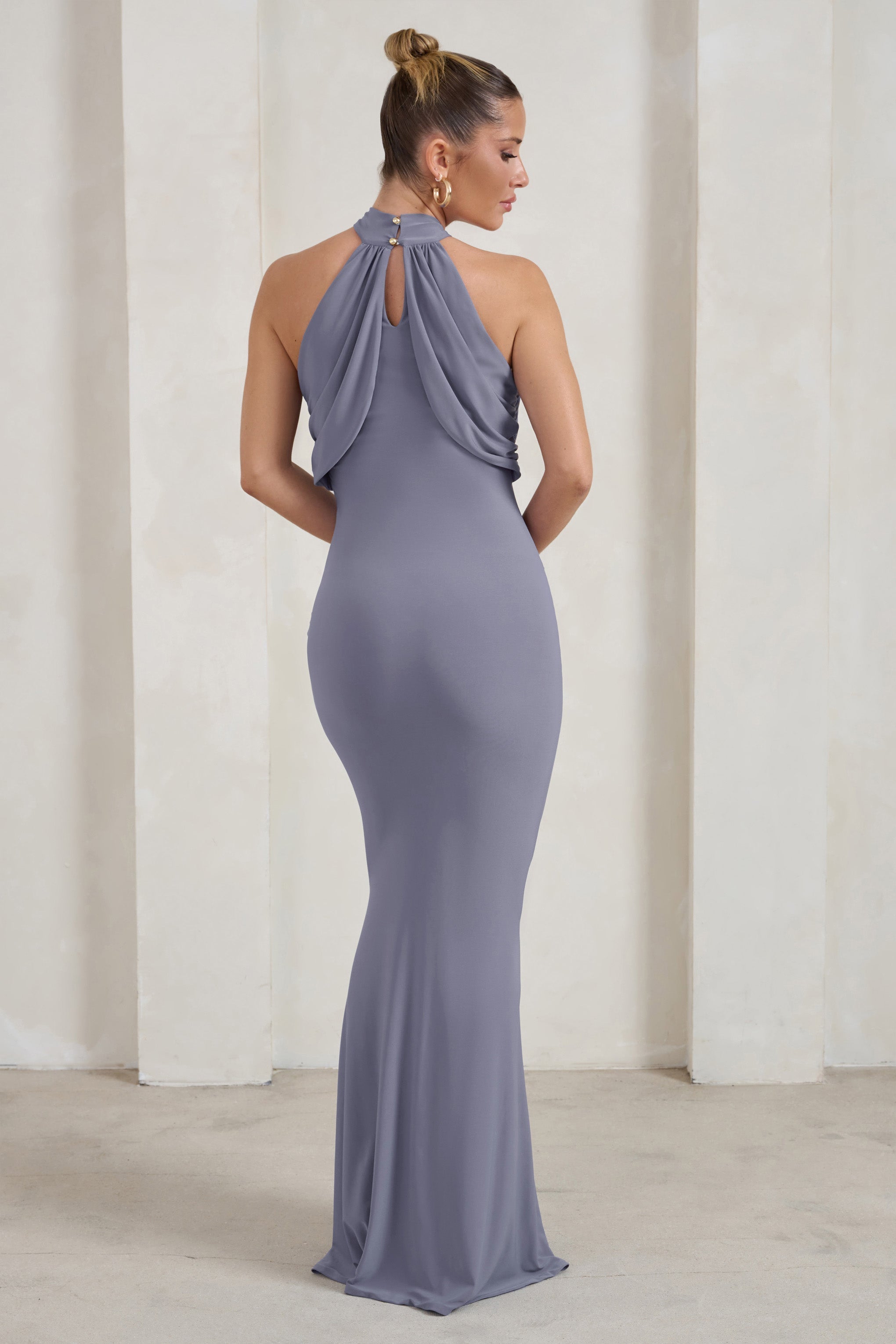 Genevieve Grey Twist High Neck Drape Detail Maxi Dress-Fashionmomo.All Rights Reserved
