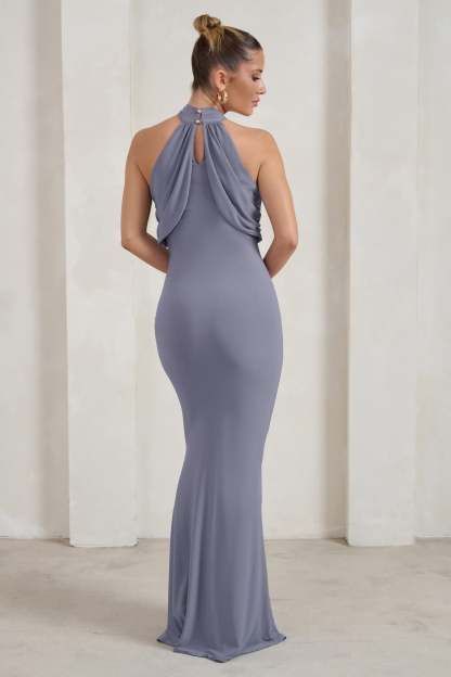 Genevieve Grey Twist High Neck Drape Detail Maxi Dress-Fashionmomo.All Rights Reserved