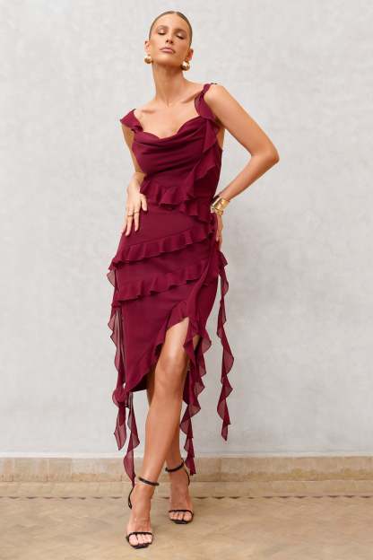 Havana Heat Burgundy Cowl Ruffle Chiffon Midi Dress-Fashionmomo.All Rights Reserved