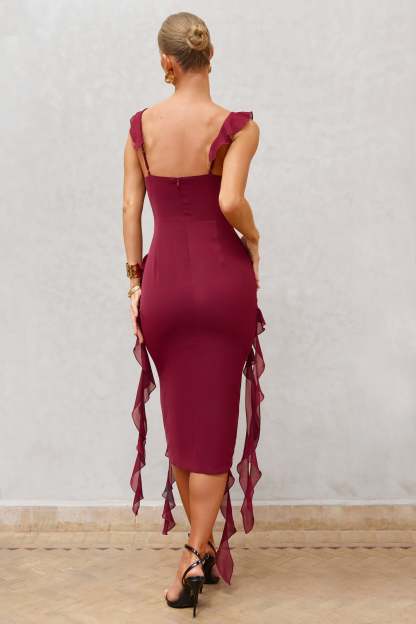 Havana Heat Burgundy Cowl Ruffle Chiffon Midi Dress-Fashionmomo.All Rights Reserved