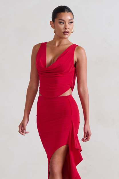 Femme Classique Red Cowl Crop Top-Fashionmomo.All Rights Reserved