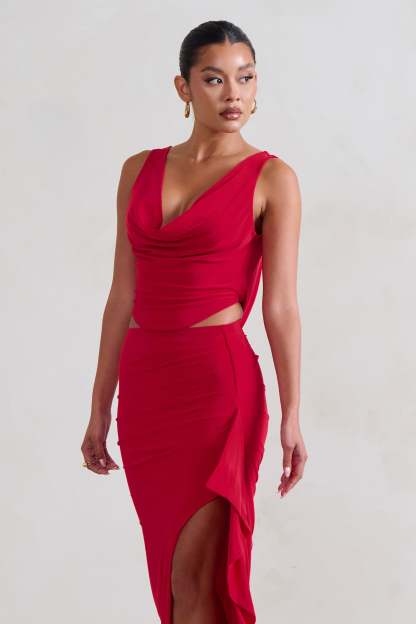 Femme Classique Red Cowl Crop Top-Fashionmomo.All Rights Reserved
