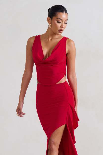 Femme Classique Red Cowl Crop Top-Fashionmomo.All Rights Reserved