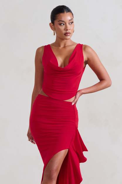 Femme Classique Red Cowl Crop Top-Fashionmomo.All Rights Reserved