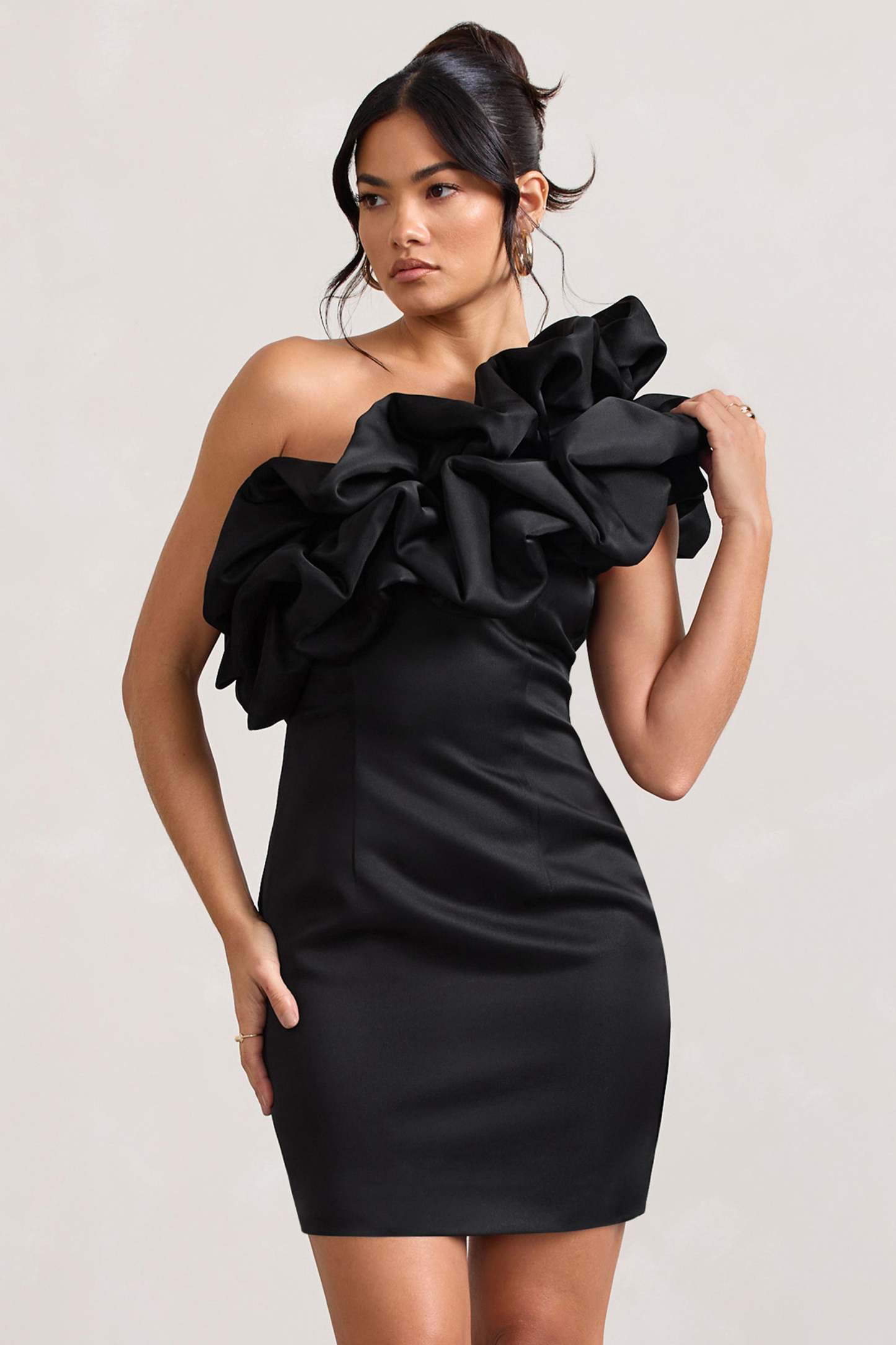 At The Opera Black Satin One Shoulder Ruffled Mini Dress-Fashionmomo.All Rights Reserved