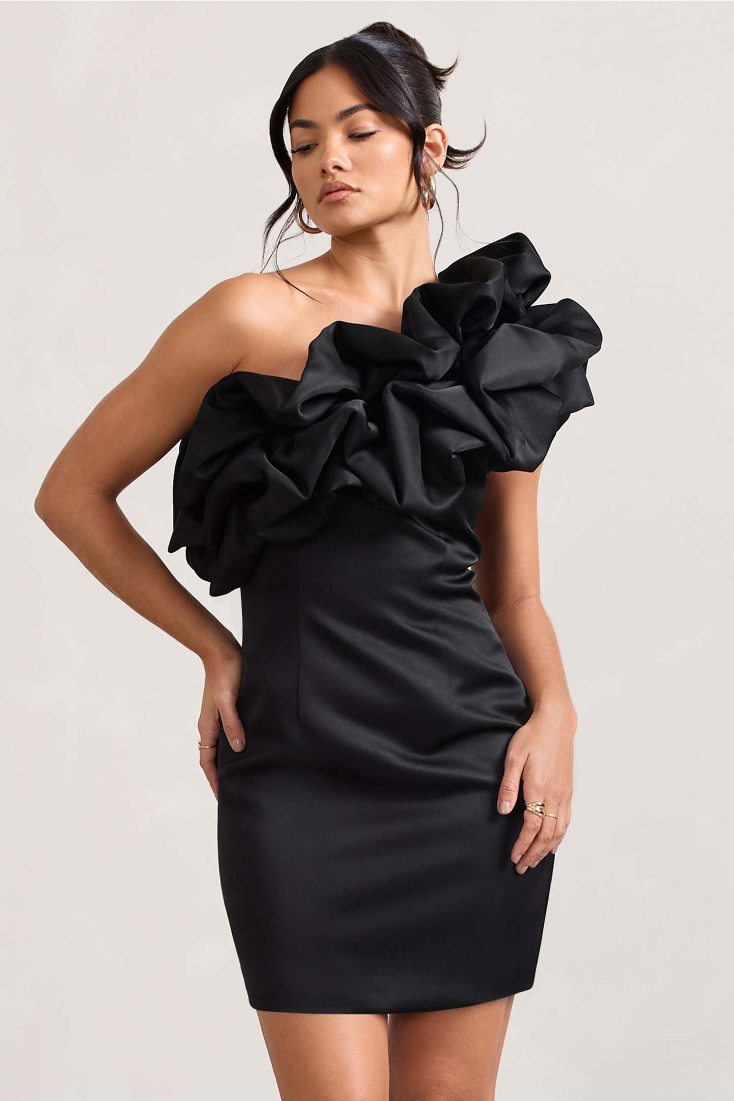 At The Opera Black Satin One Shoulder Ruffled Mini Dress-Fashionmomo.All Rights Reserved