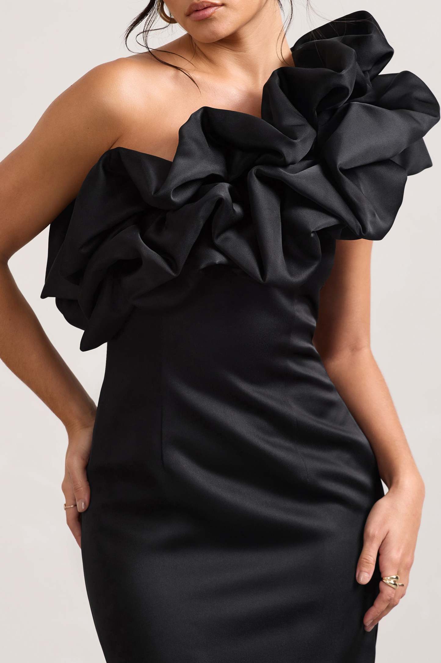 At The Opera Black Satin One Shoulder Ruffled Mini Dress-Fashionmomo.All Rights Reserved