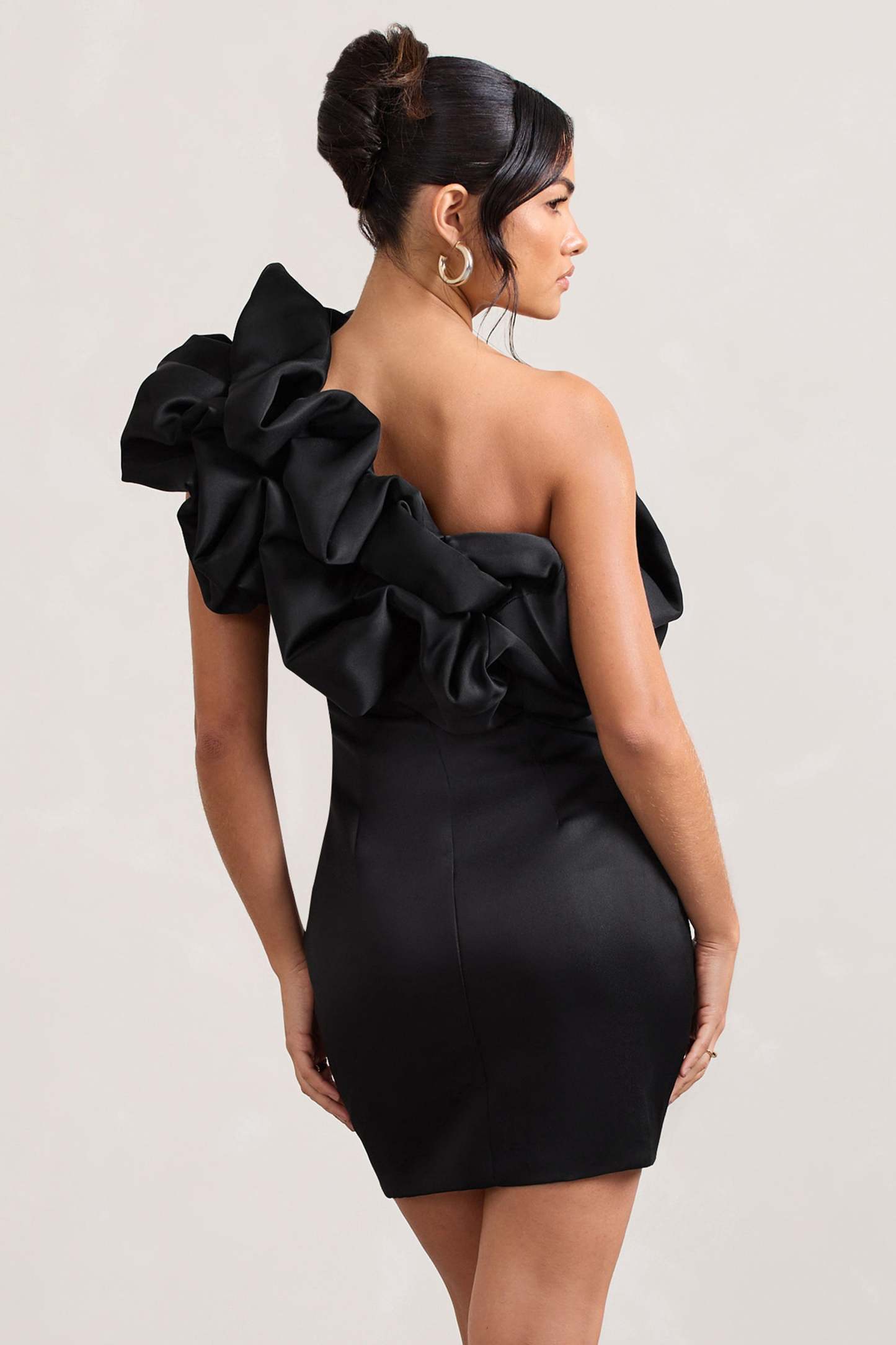 At The Opera Black Satin One Shoulder Ruffled Mini Dress-Fashionmomo.All Rights Reserved