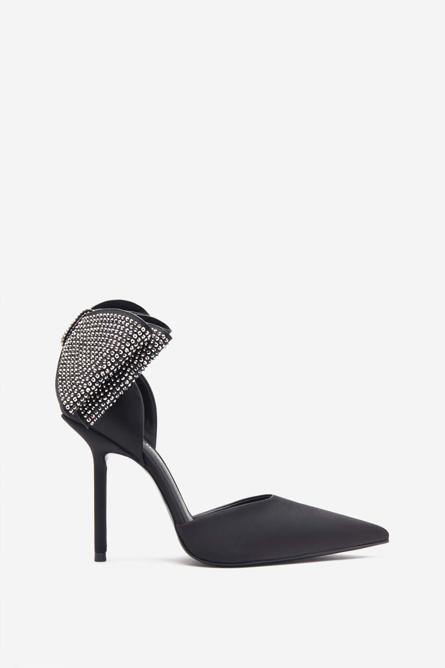 Flashing Lights Black Satin Pointed Court Heels With Diamante Bows-Fashionmomo.All Rights Reserved