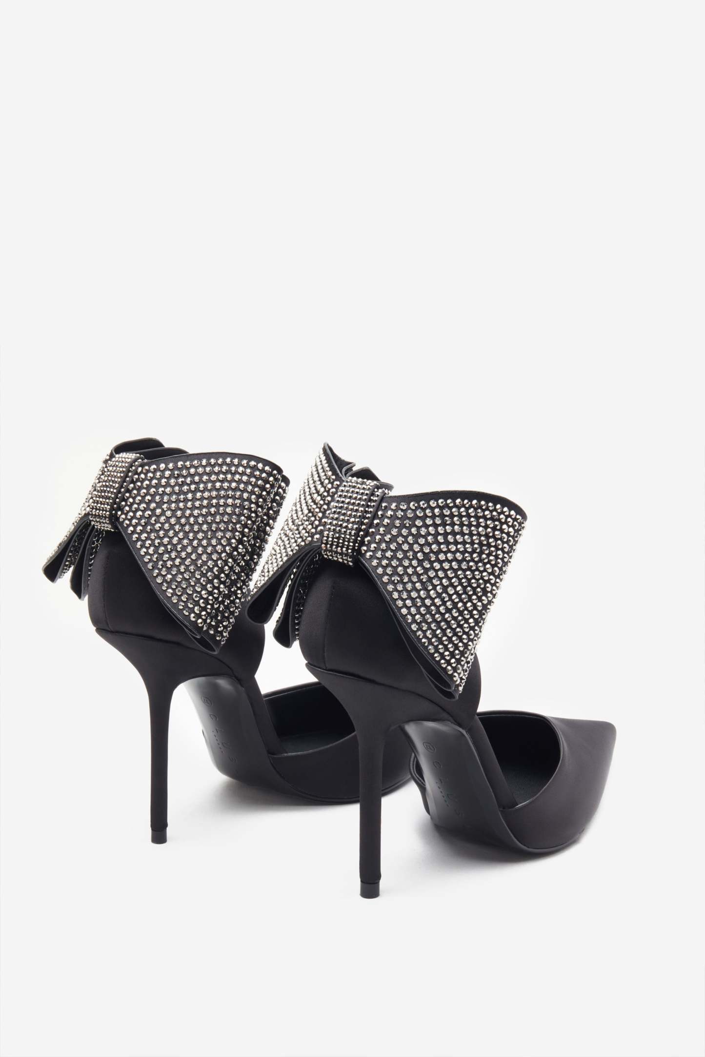 Flashing Lights Black Satin Pointed Court Heels With Diamante Bows-Fashionmomo.All Rights Reserved
