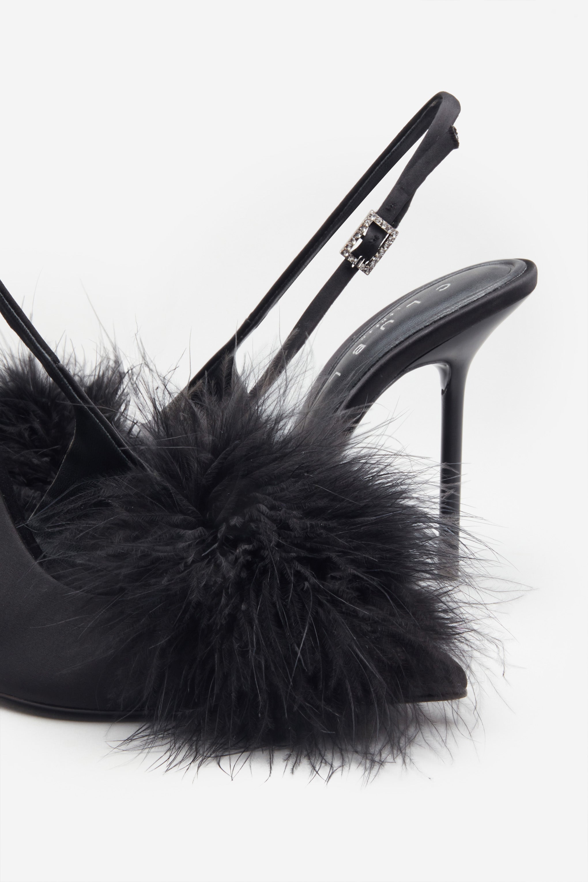 High Pitched Black Satin Sling Back Heels With Pom Poms-Fashionmomo.All Rights Reserved