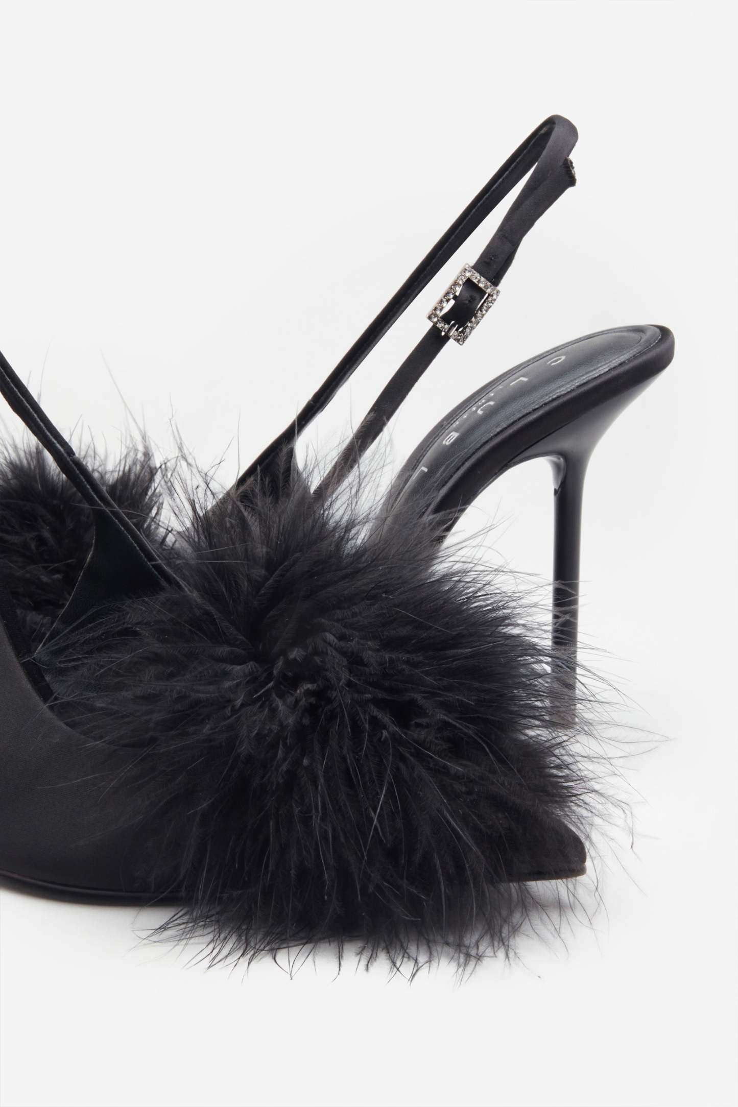 High Pitched Black Satin Sling Back Heels With Pom Poms-Fashionmomo.All Rights Reserved