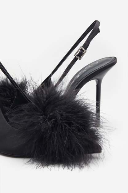 High Pitched Black Satin Sling Back Heels With Pom Poms-Fashionmomo.All Rights Reserved