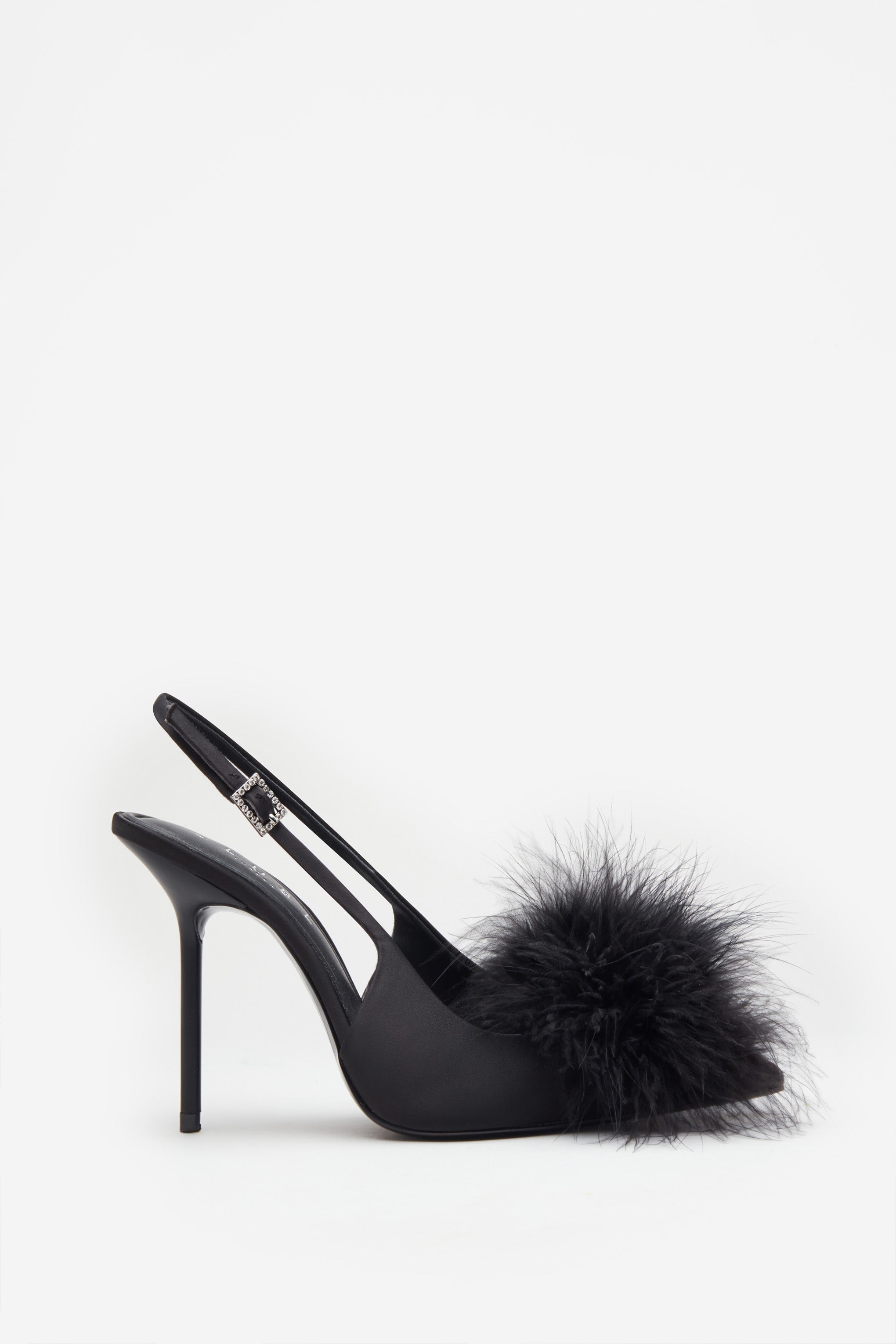 High Pitched Black Satin Sling Back Heels With Pom Poms-Fashionmomo.All Rights Reserved