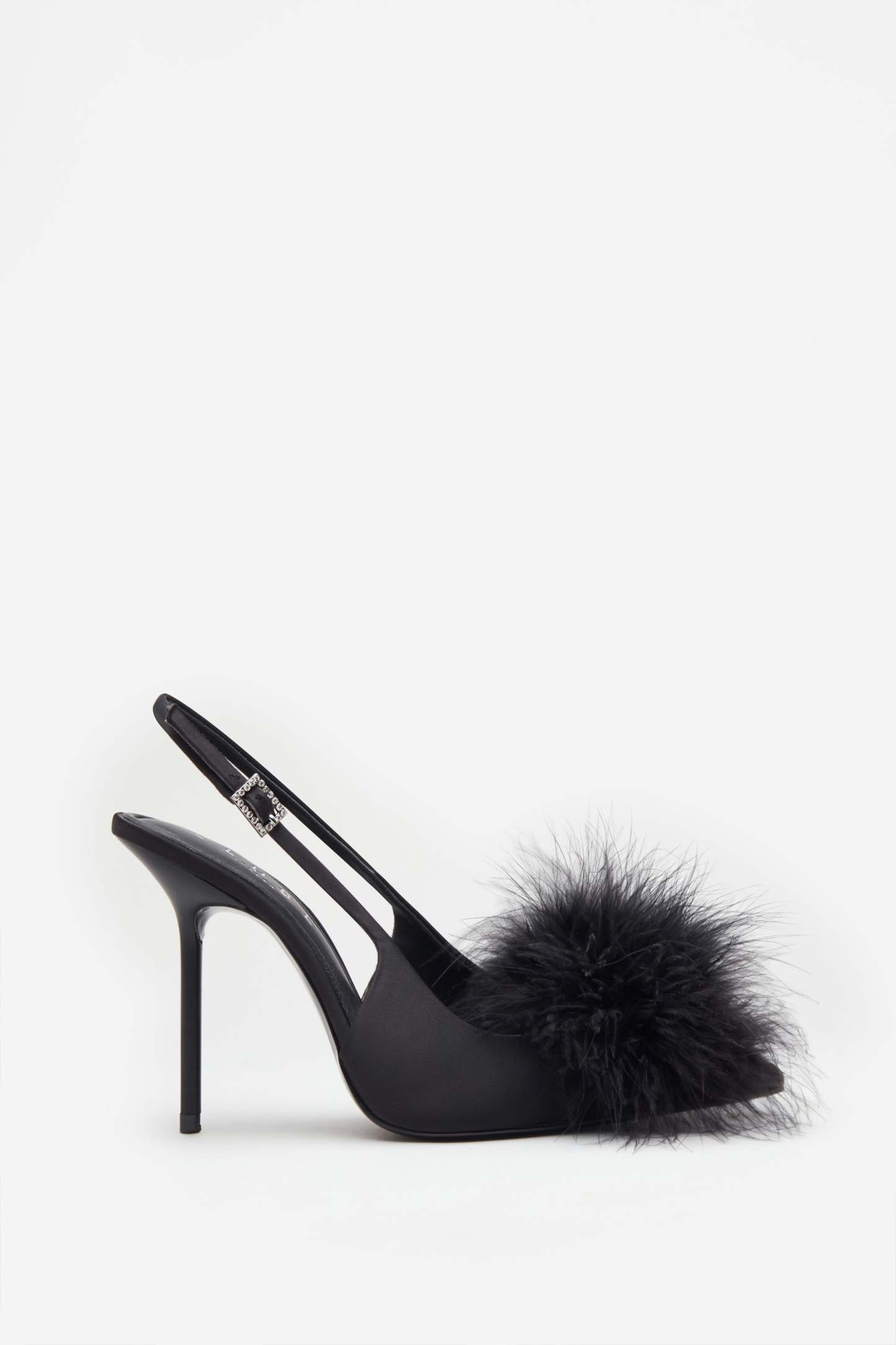 High Pitched Black Satin Sling Back Heels With Pom Poms-Fashionmomo.All Rights Reserved