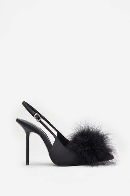 High Pitched Black Satin Sling Back Heels With Pom Poms-Fashionmomo.All Rights Reserved
