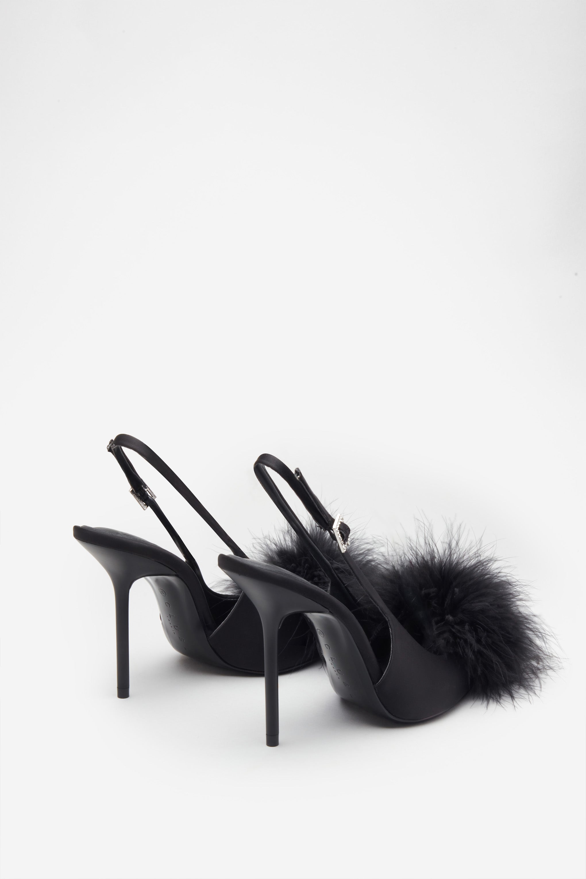 High Pitched Black Satin Sling Back Heels With Pom Poms-Fashionmomo.All Rights Reserved