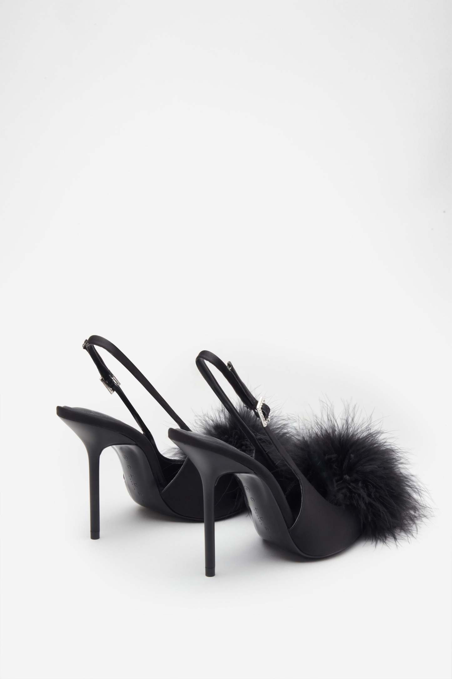 High Pitched Black Satin Sling Back Heels With Pom Poms-Fashionmomo.All Rights Reserved