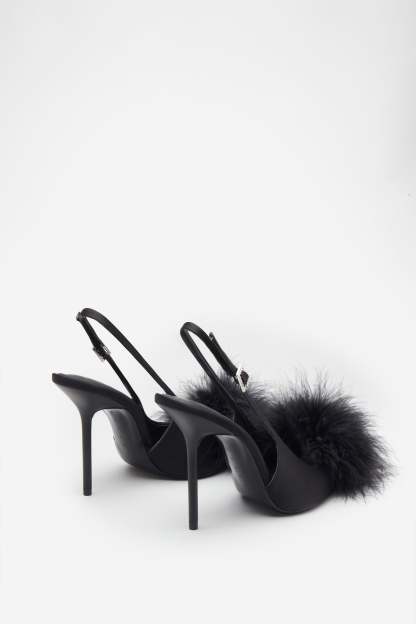 High Pitched Black Satin Sling Back Heels With Pom Poms-Fashionmomo.All Rights Reserved