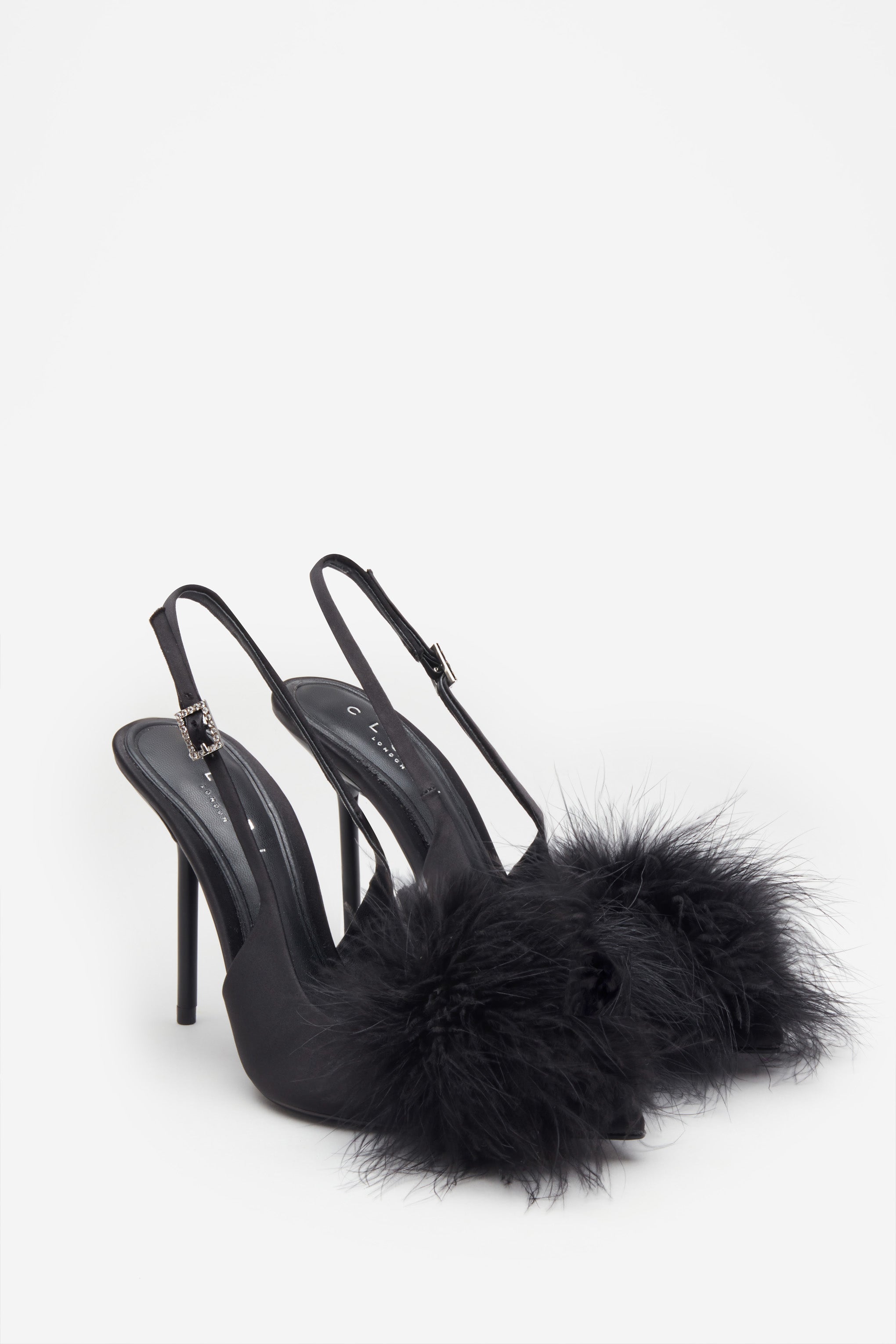 High Pitched Black Satin Sling Back Heels With Pom Poms-Fashionmomo.All Rights Reserved