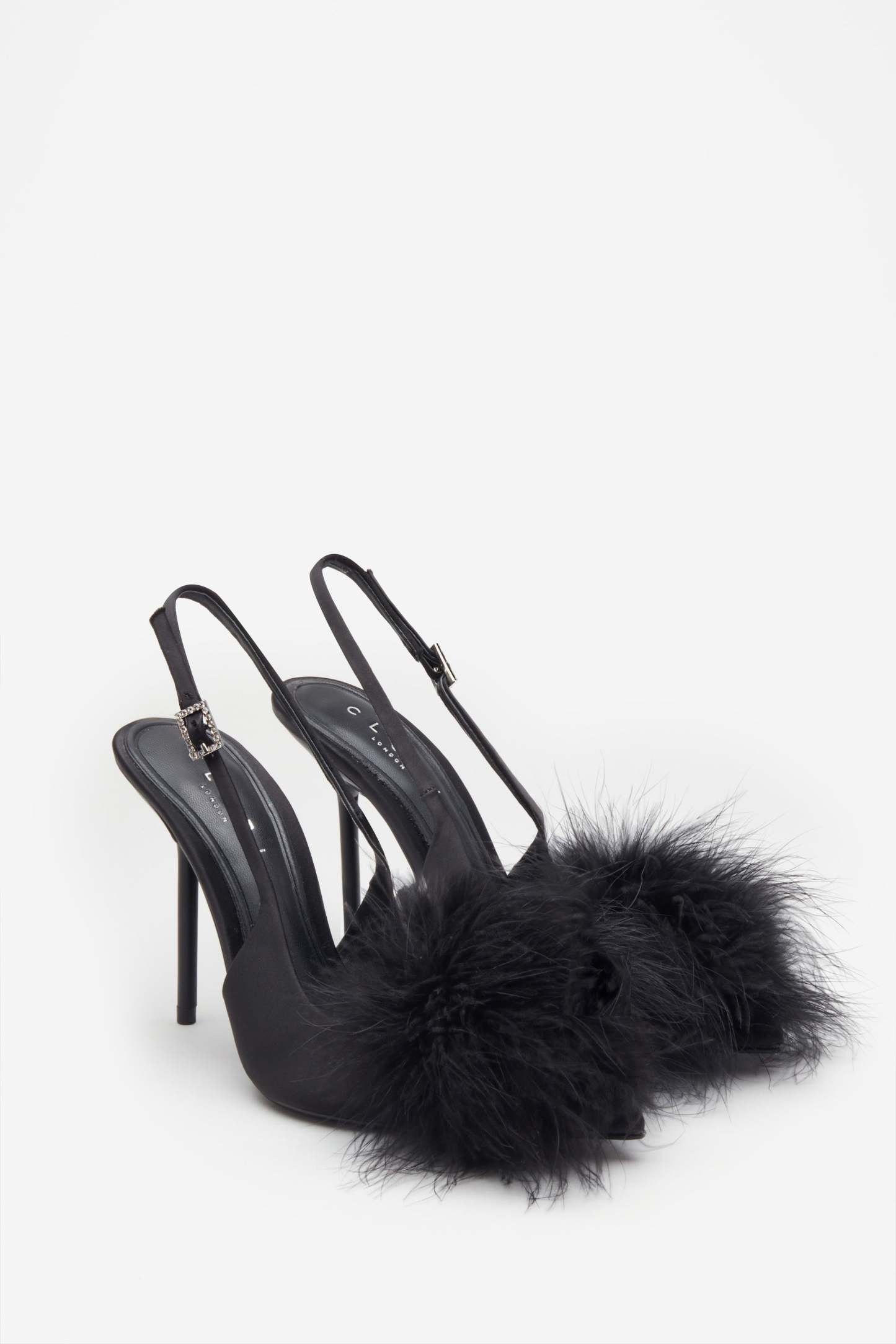 High Pitched Black Satin Sling Back Heels With Pom Poms-Fashionmomo.All Rights Reserved