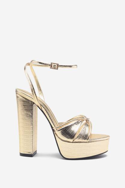 Bold Soul Gold Reptile Strappy Heeled Platform Sandals-Fashionmomo.All Rights Reserved