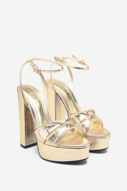 Bold Soul Gold Reptile Strappy Heeled Platform Sandals-Fashionmomo.All Rights Reserved