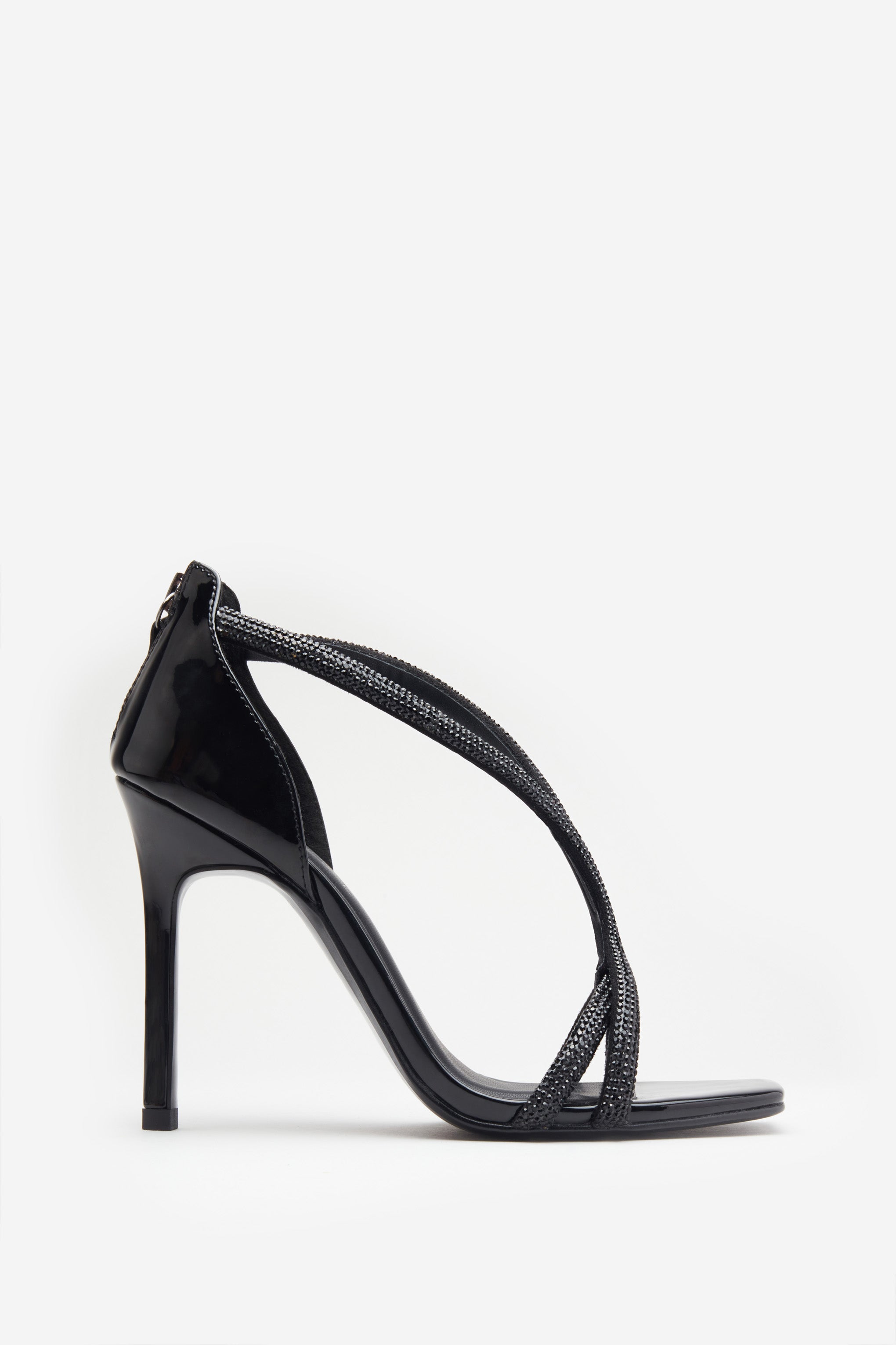 Pluto Black Patent Diamante Heeled Sandals-Fashionmomo.All Rights Reserved