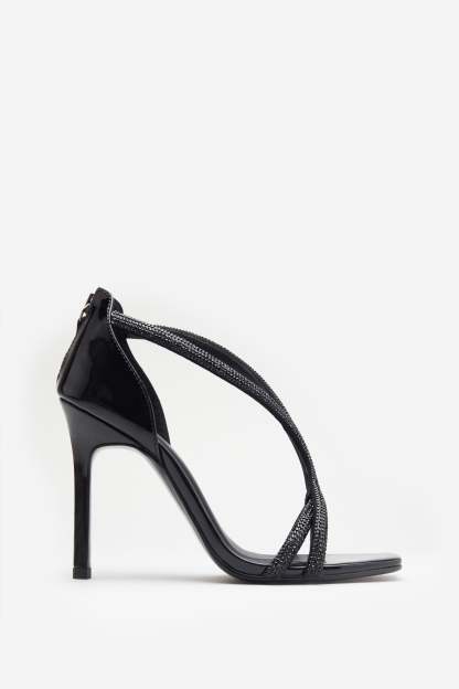 Pluto Black Patent Diamante Heeled Sandals-Fashionmomo.All Rights Reserved