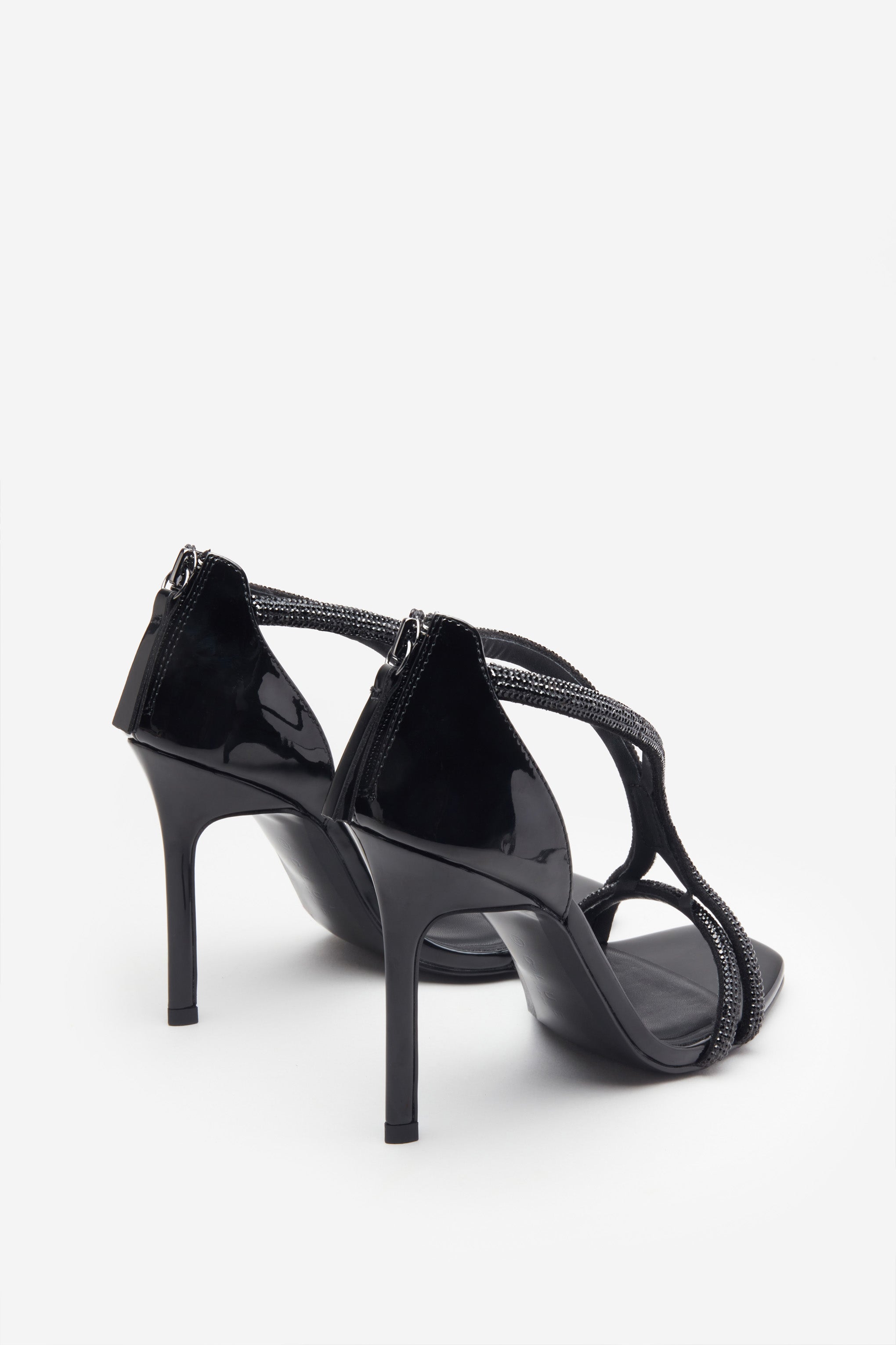 Pluto Black Patent Diamante Heeled Sandals-Fashionmomo.All Rights Reserved