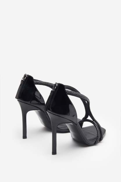 Pluto Black Patent Diamante Heeled Sandals-Fashionmomo.All Rights Reserved