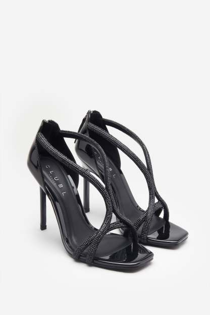 Pluto Black Patent Diamante Heeled Sandals-Fashionmomo.All Rights Reserved