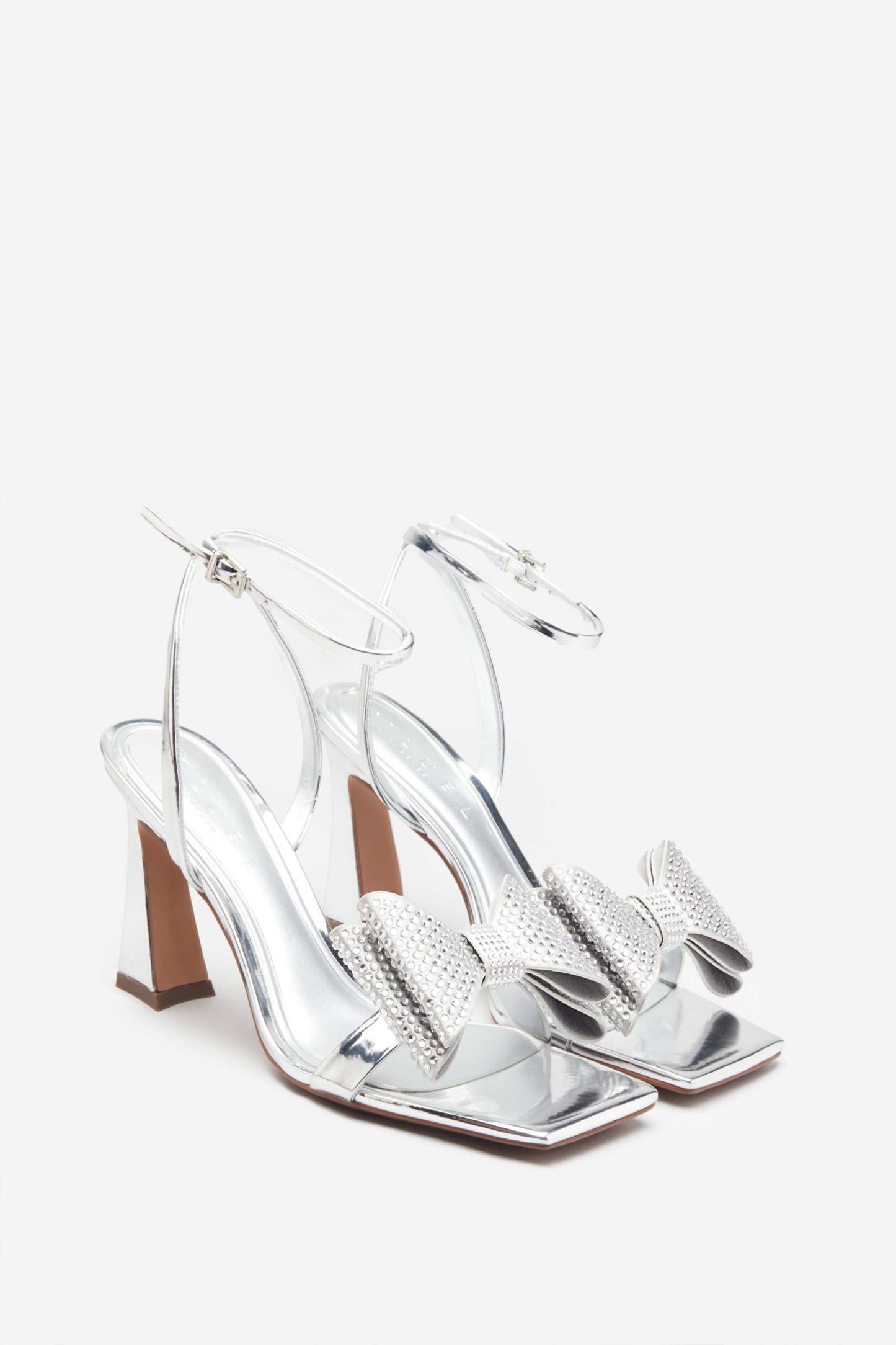 Headlines Silver Ankle Strap Heeled Sandals With Diamante Bows-Fashionmomo.All Rights Reserved