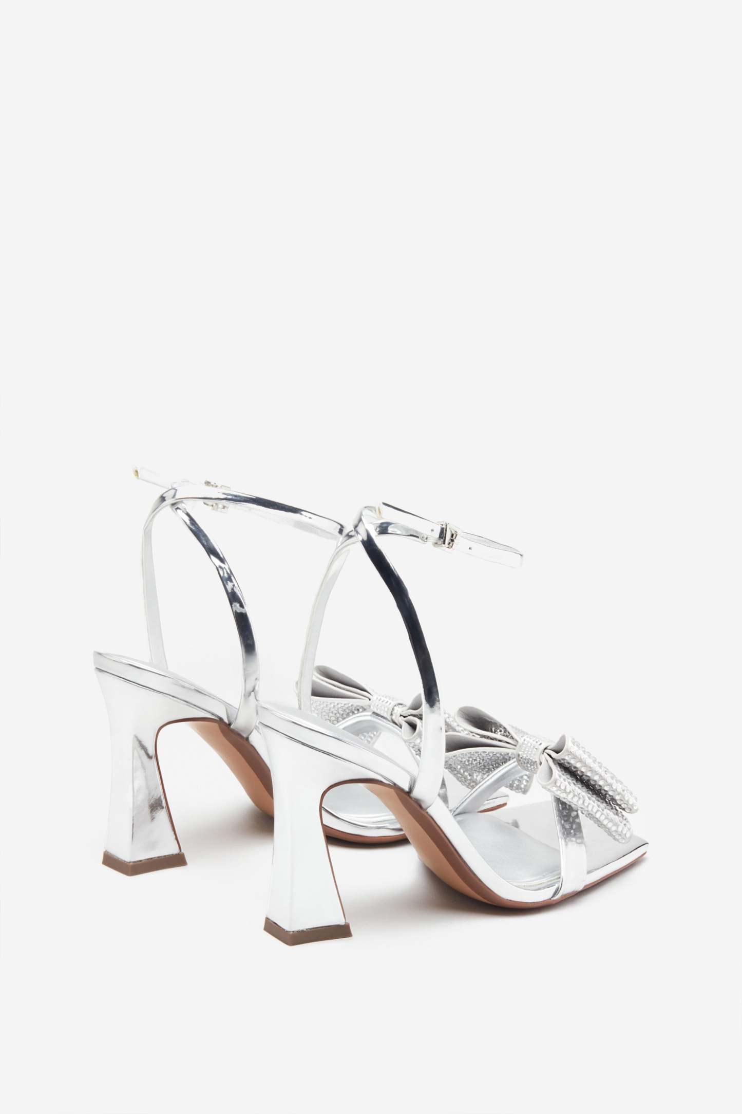 Headlines Silver Ankle Strap Heeled Sandals With Diamante Bows-Fashionmomo.All Rights Reserved