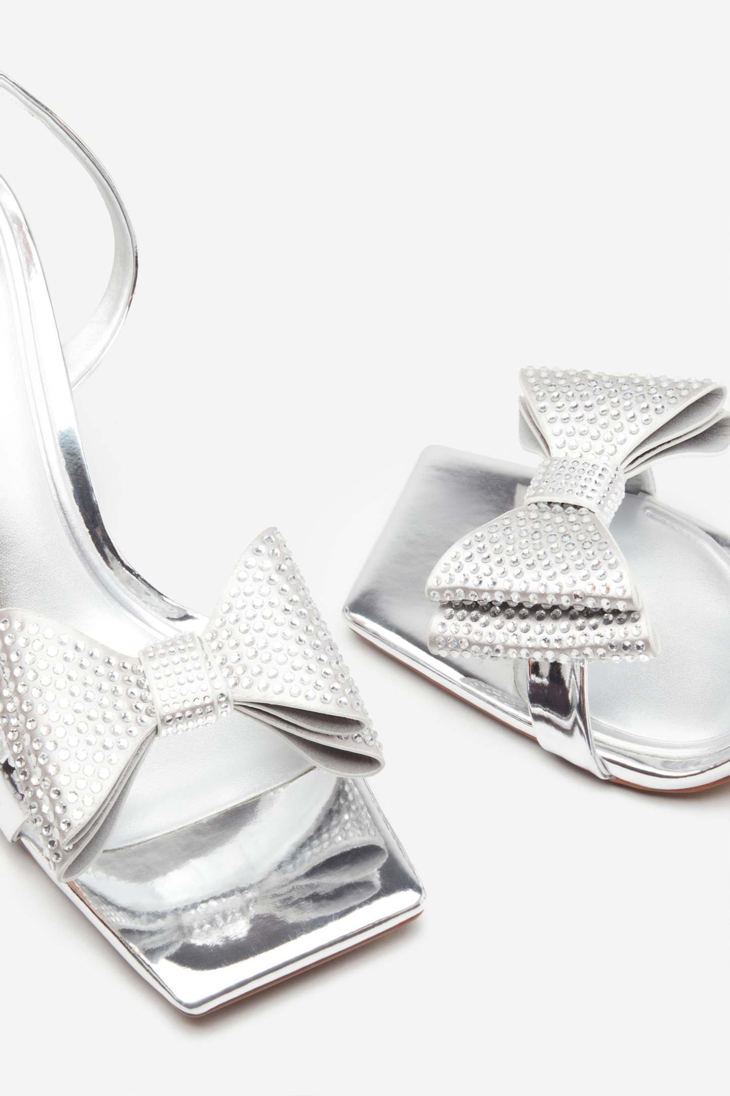Headlines Silver Ankle Strap Heeled Sandals With Diamante Bows-Fashionmomo.All Rights Reserved