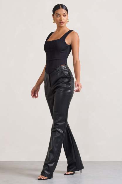 Billie Black Faux Leather Tailored Straight-Leg Trousers-Fashionmomo.All Rights Reserved