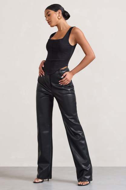 Billie Black Faux Leather Tailored Straight-Leg Trousers-Fashionmomo.All Rights Reserved