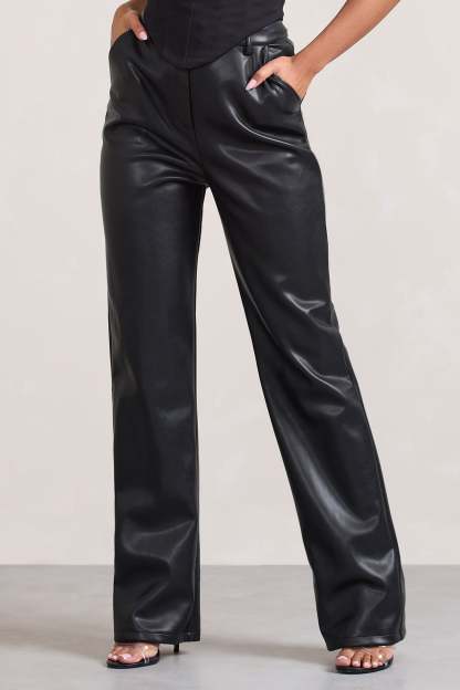 Billie Black Faux Leather Tailored Straight-Leg Trousers-Fashionmomo.All Rights Reserved