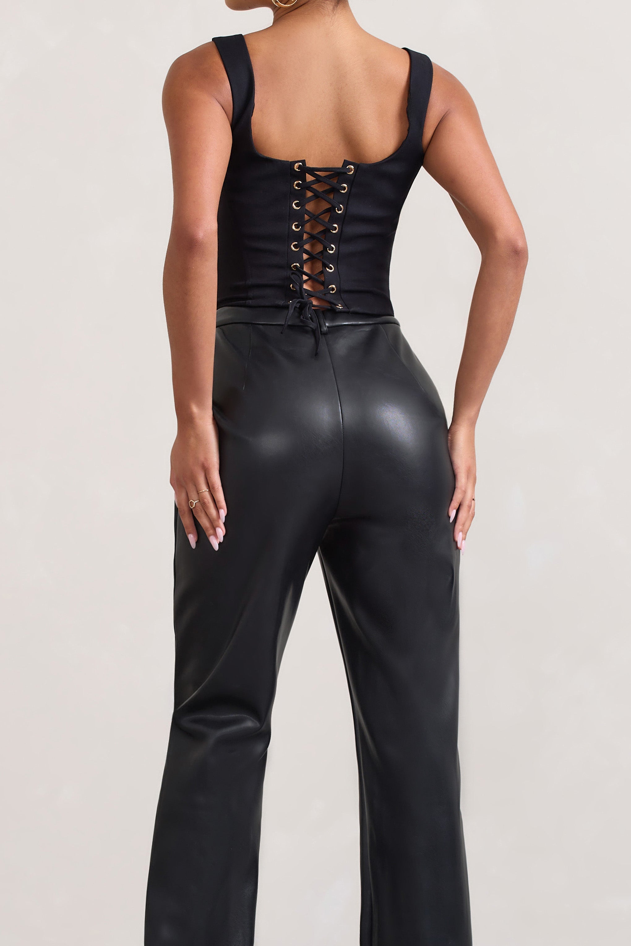 Billie Black Faux Leather Tailored Straight-Leg Trousers-Fashionmomo.All Rights Reserved