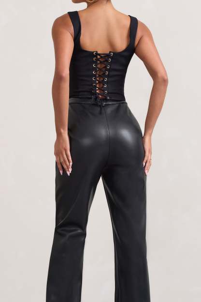 Billie Black Faux Leather Tailored Straight-Leg Trousers-Fashionmomo.All Rights Reserved