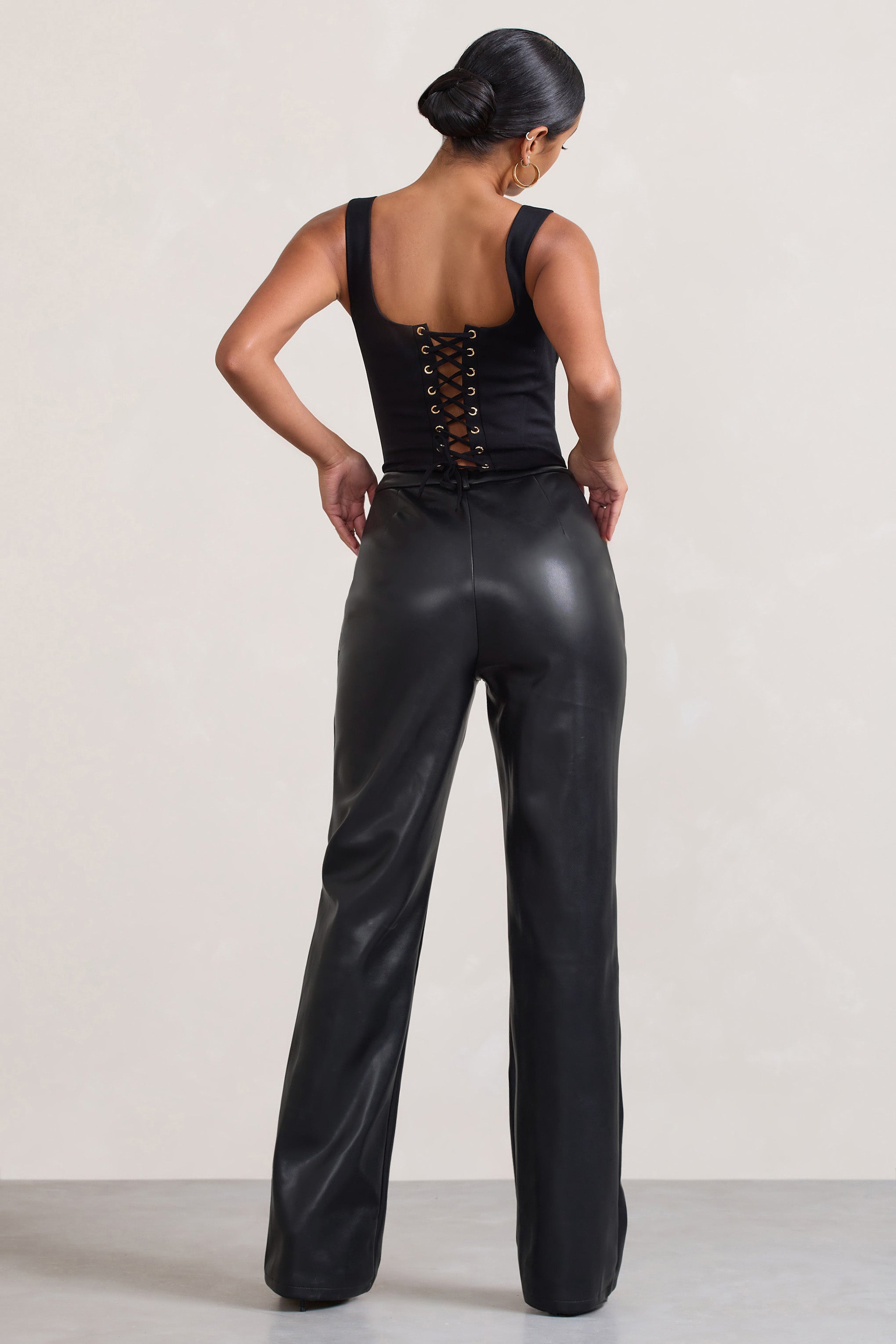Billie Black Faux Leather Tailored Straight-Leg Trousers-Fashionmomo.All Rights Reserved