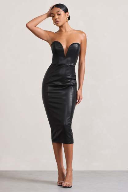 Hailey Black Faux Leather Strapless Sweetheart Corset Midi Dress-Fashionmomo.All Rights Reserved